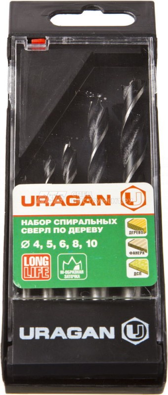 Набор URAGAN: Сверла спиральные по дереву, сталь 45, М-образная заточка, d=4-5-6-8-10мм, 5шт, в пластиковом боксе