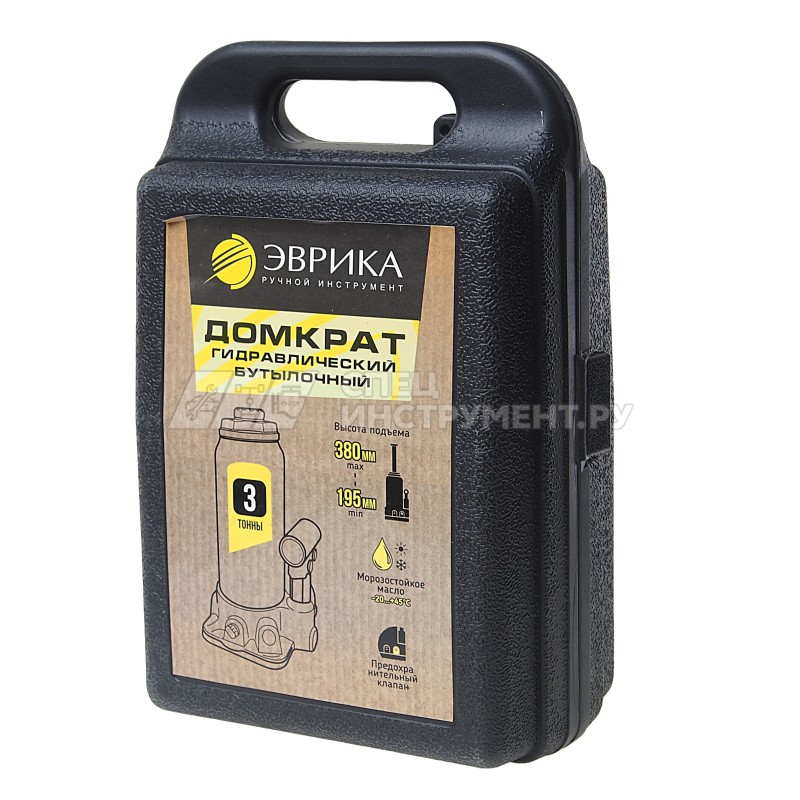 Домкрат гидравлический ER-80031S бутылочный с клапаном 3т, ремкомплект (выс. подъема 195-380мм) в кейсе ЭВРИКА