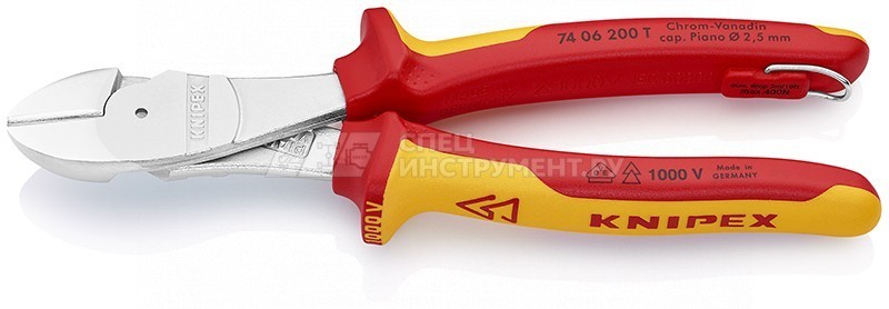 Бокорезы особой мощности VDE 1000V, рез: проволока средней твёрдости  4.2 мм, твёрдая проволока  3 мм, рояльная струна (HRC 59)  2.5 мм, L-200 мм, диэлектрические, хромированные, 2-компонентные рукоятки, крепление для страховки