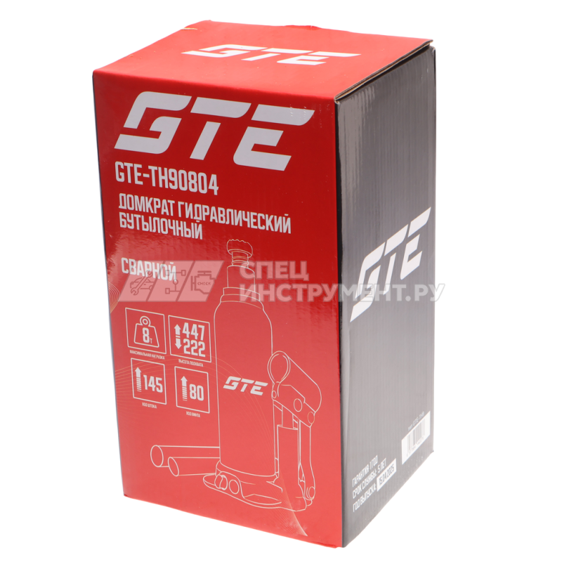 Домкрат гидравлический бутылочный 8т (h min-222мм, h max-447мм, ход штока-145мм, ход винта-80мм) GTE /1/4
