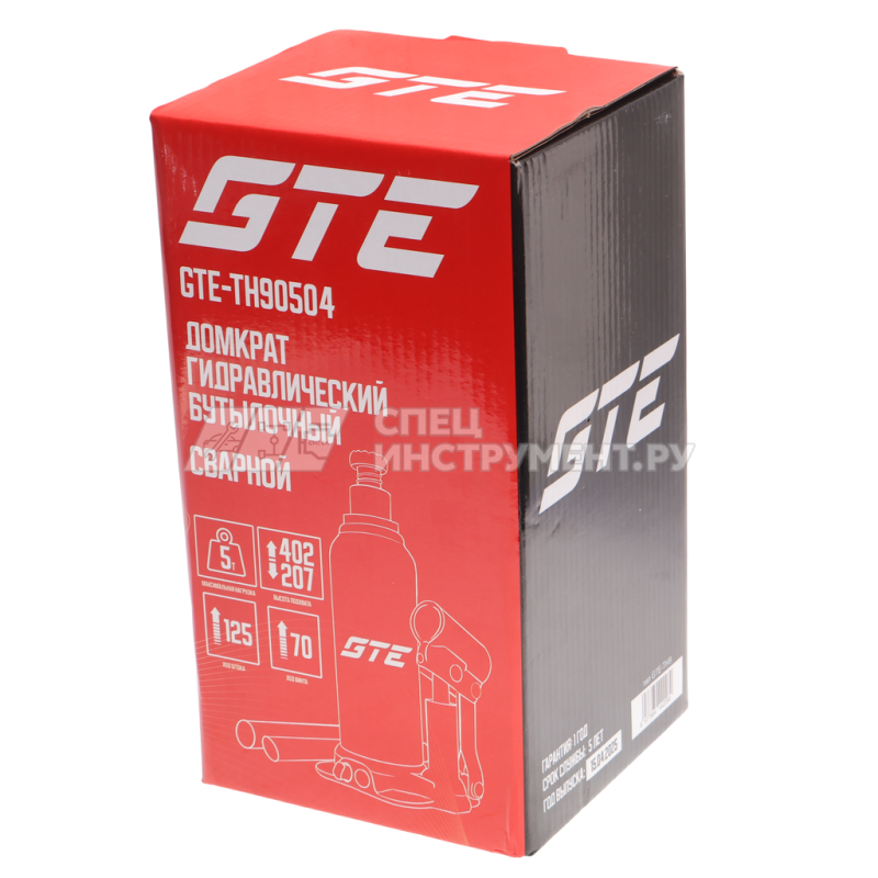 Домкрат гидравлический бутылочный 5т (h min-207мм, h max-402мм, ход штока-125мм, ход винта-70мм) GTE /1/4