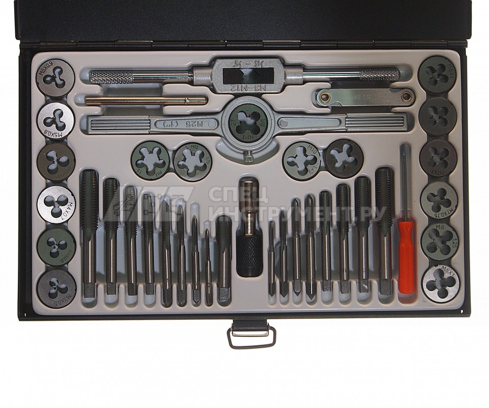 Набор метчиков и плашек метрический 40пр. (М3х0.5/0.6, М4х0.7/0.75, М5х0.8/0.9, М6х0.75/1, М7х0.75/1,М8х1/1.25, М10х1.25/1.5, М12х1.5/1.75), в металли