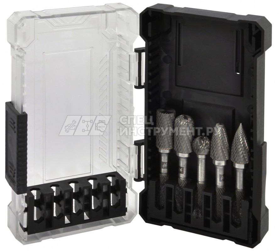 TRRB060605-2S  Набор борфрез твердосплавных, тип B, C, D, F, G, 6 мм, двойная насечка, в кейсе, 5 предметов
