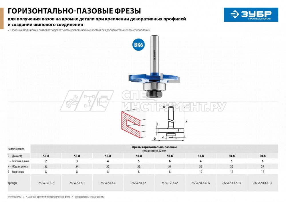 ЗУБР 50,8x4мм, хвостовик 8мм, фреза горизонтально-пазовая