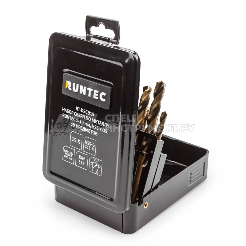 Набор сверл по металлу RUNTEC 1-10 мм, HSS-Co5, 19 предметов