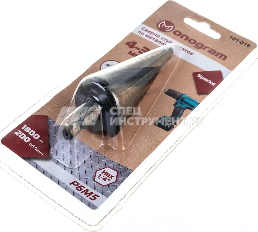 Сверло ступ. по мет. витое 4-32мм, 15 ступ.,шаг 2мм, Р6М5, Hex 1/4", MONOGRAM Special 101-019