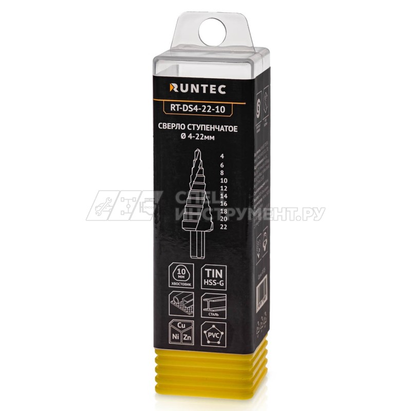 Сверло ступенчатое RUNTEC 4-22 мм, 10 ступеней, HSS-TiN