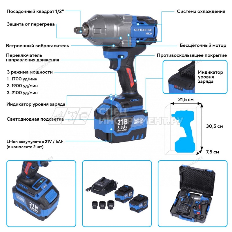 Гайковерт аккумуляторный, 1/2", 21В, 1500 Нм с двумя 6A аккум. и зар. уст-вом, в кейсе
