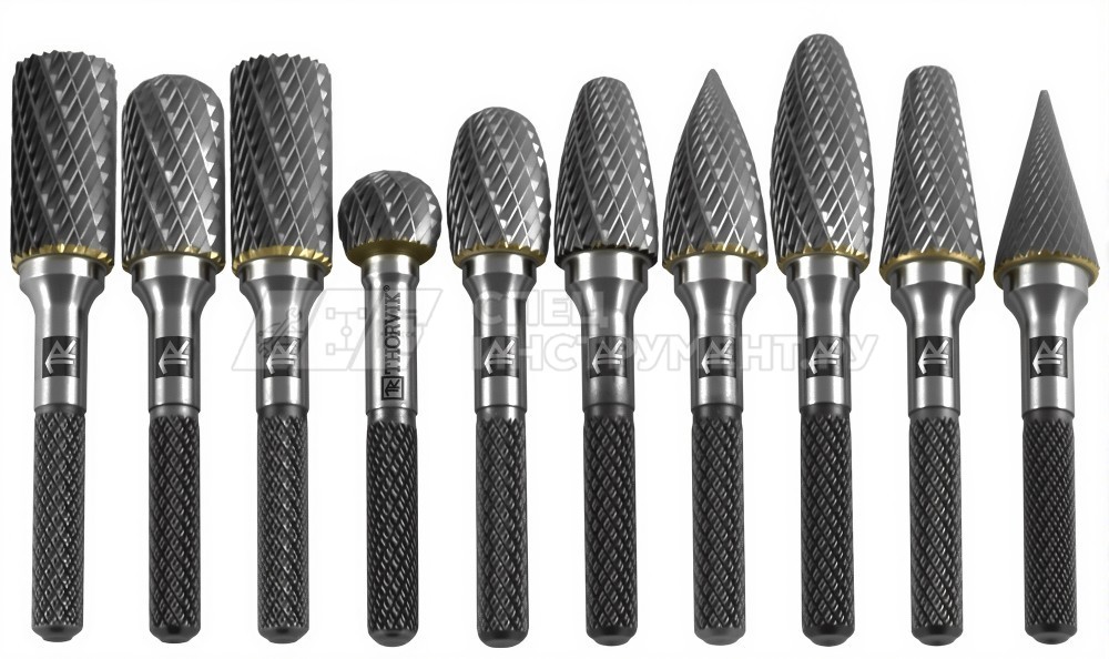 TRRB120610-2S  Набор борфрез твердосплавных, тип A, B, C, D, E, F, G, H, L, M, 12 мм, двойная насечка, в кейсе, 10 предметов