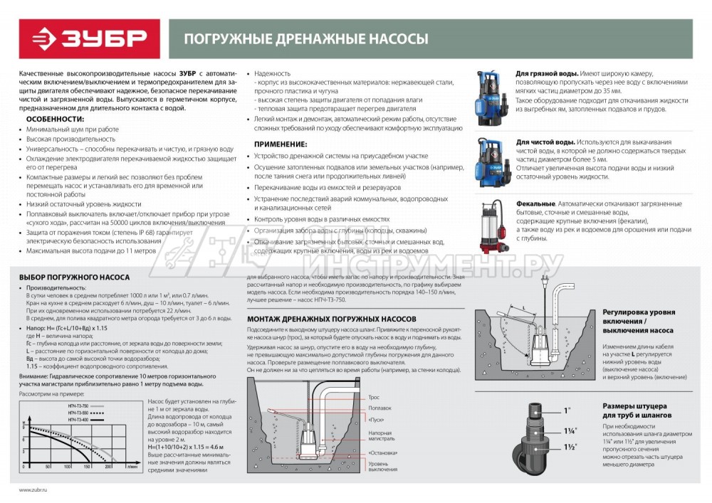 ЗУБР Профессионал НПГ-Т7-550 АкваСенсор, дренажный насос с регулируемым датчиком уровня воды, 550 Вт