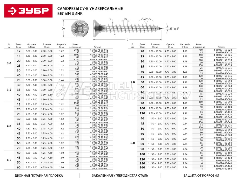 Саморезы СУ-Б универсальные, 45 x 3,5 мм, 300шт, белый цинк, ЗУБР