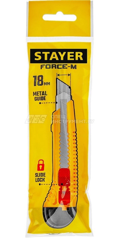 Нож упрочненный с метал. направляющей и сдвижным фиксатором FORCE-M, сегмент. лезвия 18 мм, STAYER