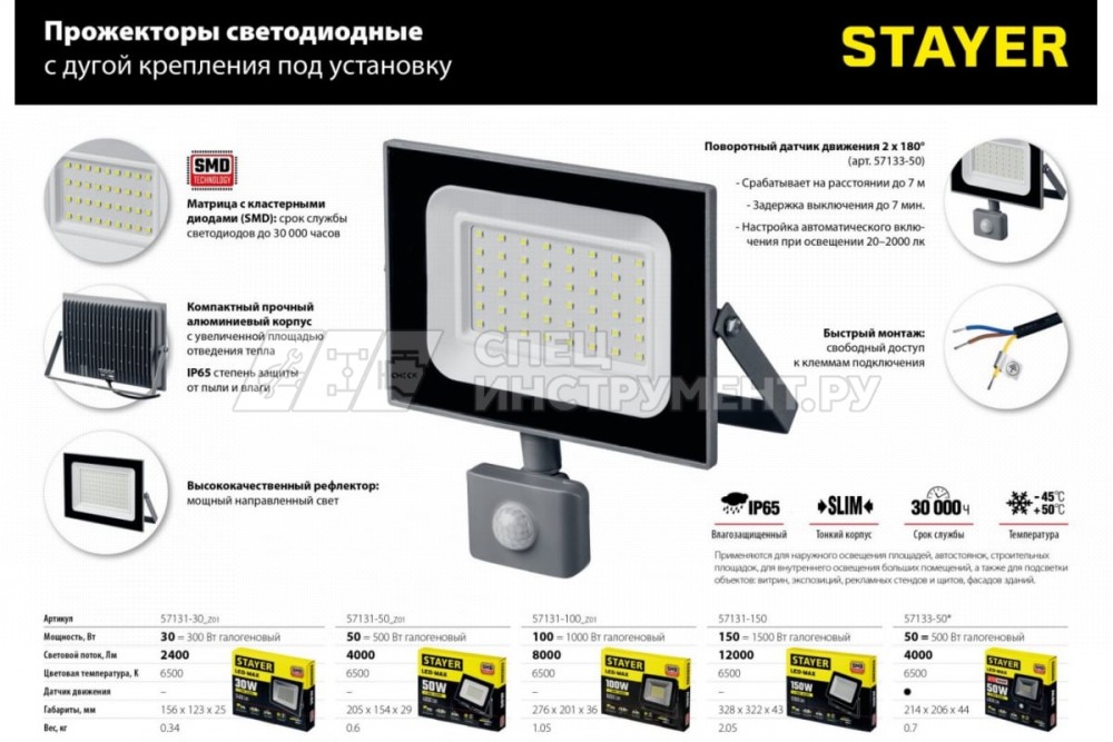 STAYER LED-Max 50 Вт прожектор светодиодный c датчиком движения