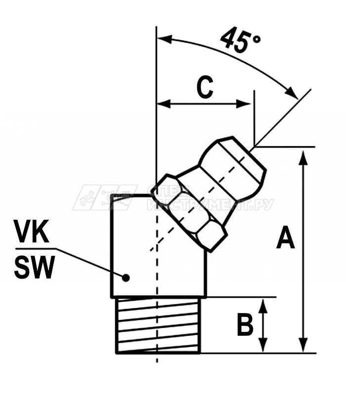 Пресс-масленка H2, 45° G 1/8'', VA, SK, SW 11 mm, нержавеющая сталь