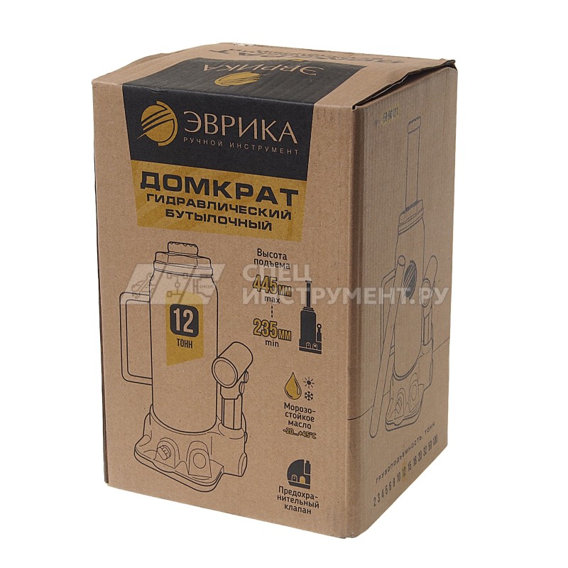 Домкрат гидравлический ER-80121 бутылочный с клапаном 12т, ремкомплект (выс. подъема 235-445мм) ЭВРИКА