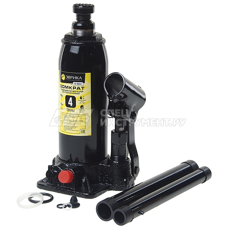 Домкрат гидравлический ER-80041 бутылочный с клапаном 4т, ремкомплект (выс. подъема 195-380мм) ЭВРИКА