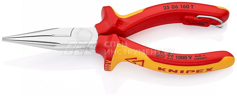 Длинногубцы с режущими кромками (плоскогубцы радиомонтажные) VDE 1000V, полукруглые прямые губки, рез: проволока средней твёрдости  2.5 мм, твёрдая проволока  1.6 мм, L-160 мм, диэлектрические, хромированные, 2-компонентные рукоятки, крепление для страхов