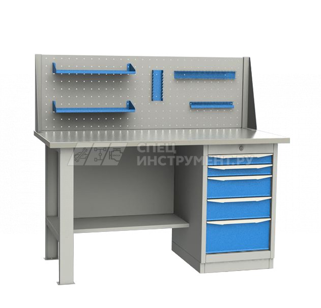 Верстак однотумбовый тумба с 5 ящиками с оцинкованной столешницей 1700 мм (синий RAL5005)