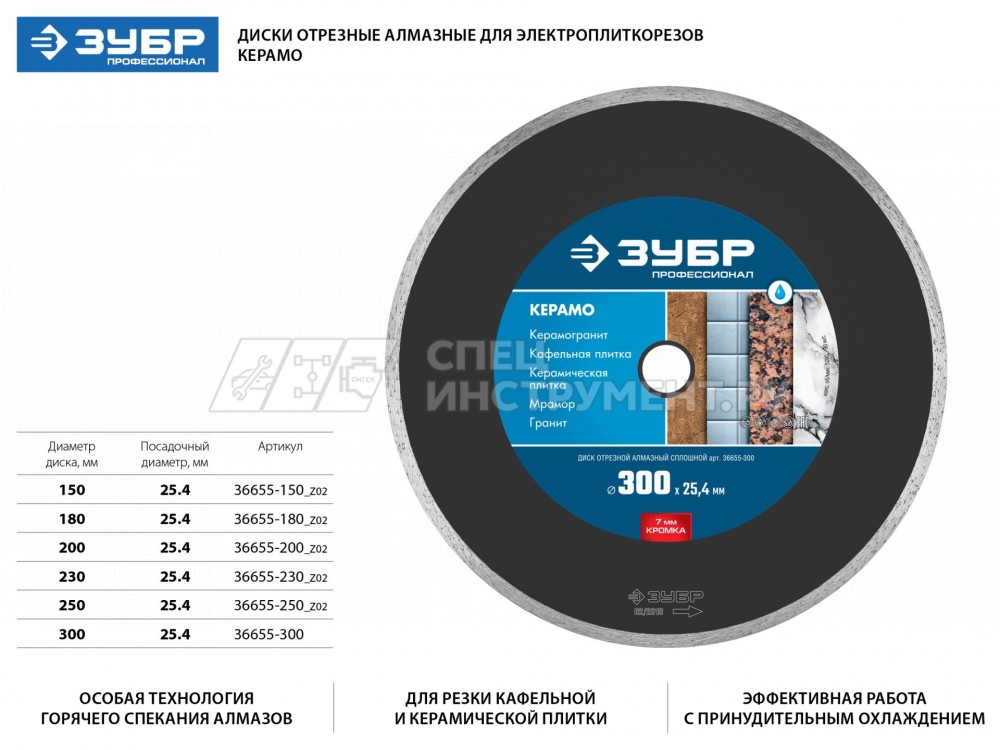 КЕРАМО-25 200 мм, диск алмазный отрезной сплошной по керамограниту, мрамору, плитке, ЗУБР Профессионал