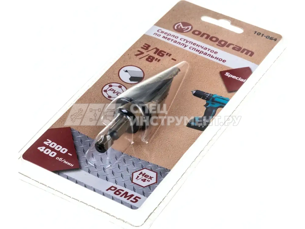 Сверло ступ. по мет. витое 3/16"-7/8", 12 ступ.,шаг 1/16", Р6М5, Hex 1/4", MONOGRAM Special 101-064