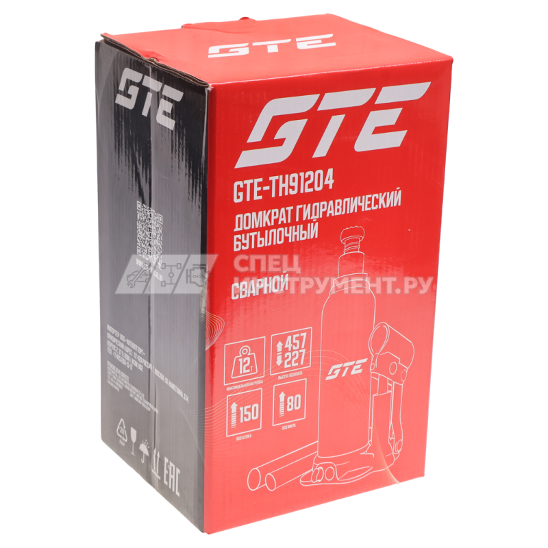 Домкрат гидравлический бутылочный 12т (h min-227мм, h max-457мм, ход штока-150мм, ход винта-80мм) GTE /1/3