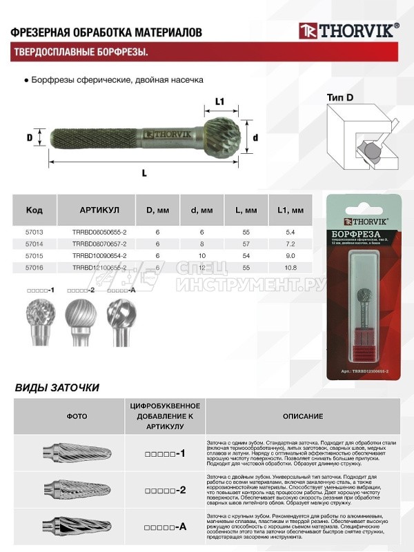 TRRBD12100655-2  Борфреза твердосплавная сферическая, тип D, 12 мм, двойная насечка, в боксе