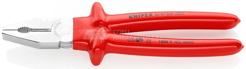 Плоскогубцы комбинированные VDE 1000V, рез: проволока средней твёрдости  3.8 мм, твёрдая проволока  2.5 мм, кабель  15 мм (25 мм), L-250 мм, диэлектрические, хромированные, обливные рукоятки