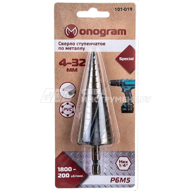 Сверло ступ. по мет. витое 4-32мм, 15 ступ.,шаг 2мм, Р6М5, Hex 1/4", MONOGRAM Special 101-019