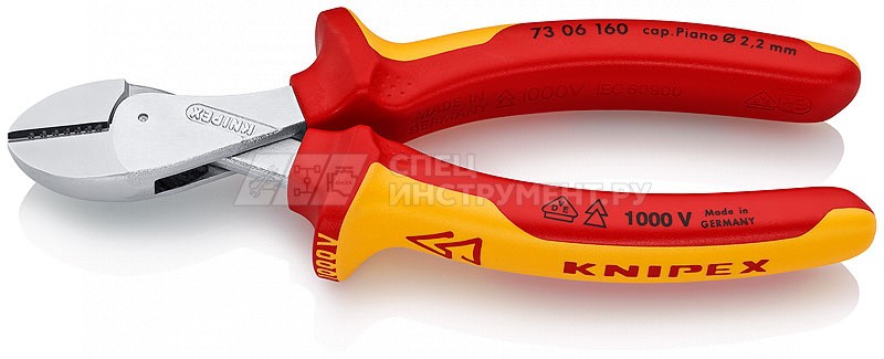 KNIPEX X-Cut® бокорезы компактные VDE 1000V, рез: мягкая проволока  4.8 мм, проволока средней твёрдости  3.8 мм, твёрдая проволока  2.7 мм, рояльная струна (HRC 59)  2.2 мм, L-160 мм, диэлектрические, хромированные, 2-компонентные рукоятки, с держателем д
