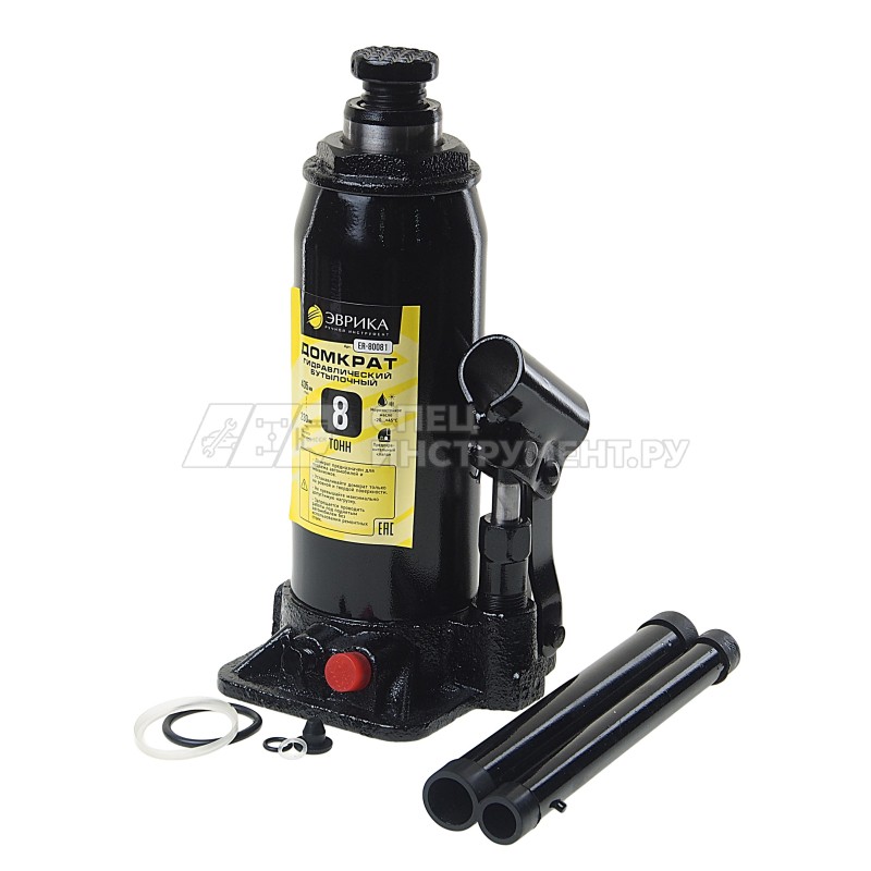 Домкрат гидравлический ER-80081 бутылочный с клапаном 8т, ремкомплект (выс. подъема 230-435мм) ЭВРИКА