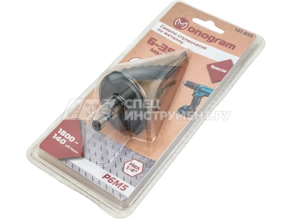Сверло ступ. по мет. витое 6-39мм, 12 ступ.,шаг 3мм, Р6М5, Hex 1/4", MONOGRAM Special 101-033