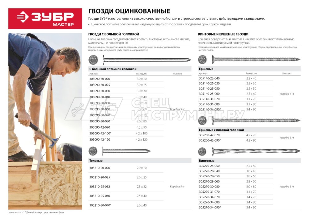 Гвозди ЗУБР "МАСТЕР" ершеные оцинкованные чертеж №7811-7120, 2,2х40мм, 5кг