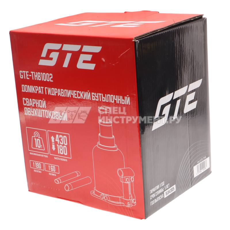 Домкрат гидравлический бутылочный с двумя штоками 10т (h min-180мм, h max-430мм, ход штока-190мм, ход винта-60мм) GTE /1/6