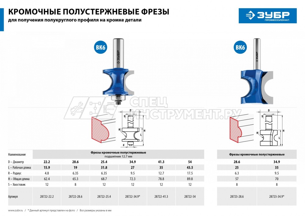 ЗУБР 34,9x35мм, радиус 9.5мм, фреза полустержневая