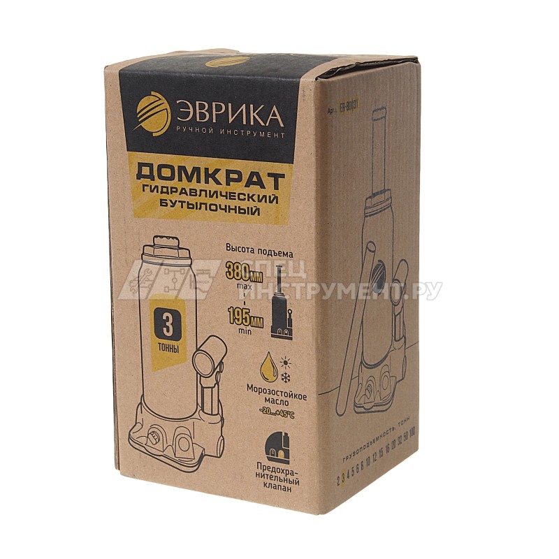 Домкрат гидравлический ER-80031 бутылочный с клапаном 3т, ремкомплект (выс. подъема 195-380мм) ЭВРИКА