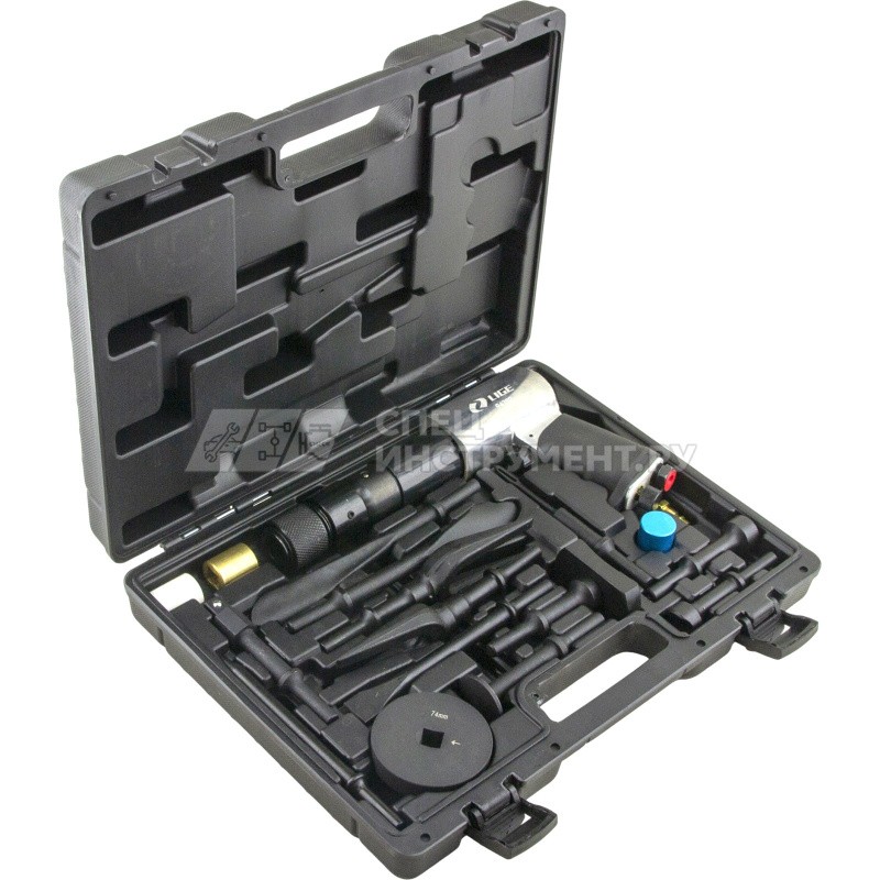 Пневмомолоток с набором зубил и насадок 19пр., (ход 10мм, 2100 ударов/мин, 6bar, NTP 1/4") в кейсе LG-94702 LIGE /1 NEW