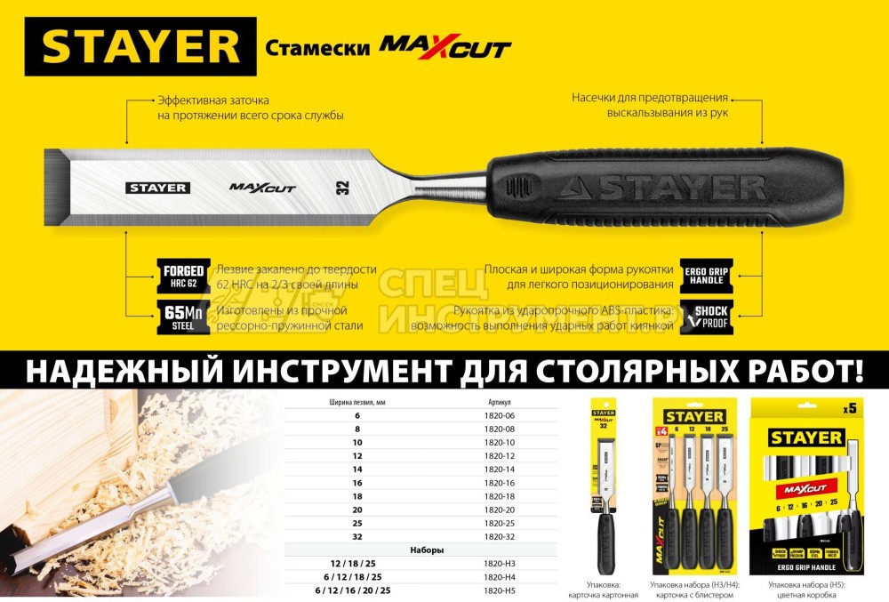STAYER Max-Cut набор стамесок с пластмассовой рукояткой, 3шт