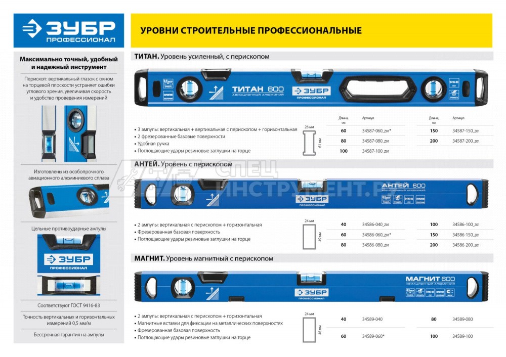 Уровень ЗУБР "ПРОФЕССИОНАЛ" "АНТЕЙ" с перископом, фрезерованная базовая поверхность, 60см, 2 цельные противоударные ампулы