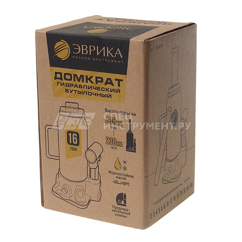 Домкрат гидравлический ER-80161 бутылочный с клапаном 16т, ремкомплект (выс. подъема230-435мм) ЭВРИКА