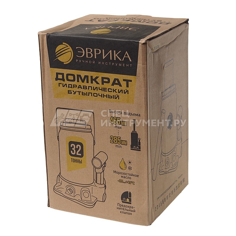 Домкрат гидравлический ER-80302 бутылочный с клапаном 32т, ремкомплект (выс. подъема 285-465мм) ЭВРИКА