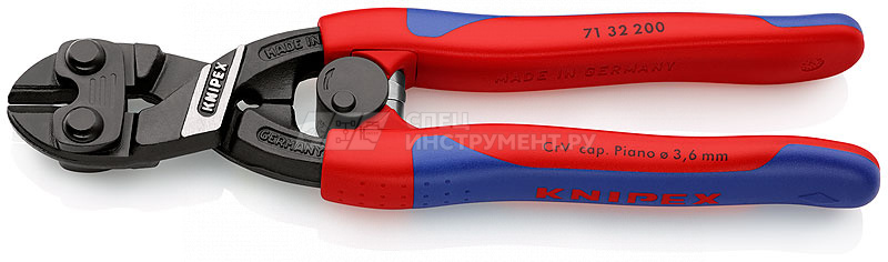 KNIPEX CoBolt® болторез компактный, с пружиной, с выемкой на кромках для реза толстой проволоки, L-200 мм,рез: мягкая проволока  6 мм, проволока средней твёрдости  5.2 мм, твёрдая проволока  4 мм, рояльная струна (HRC 59)  3.6 мм,  чёрный, 2-компонентные 