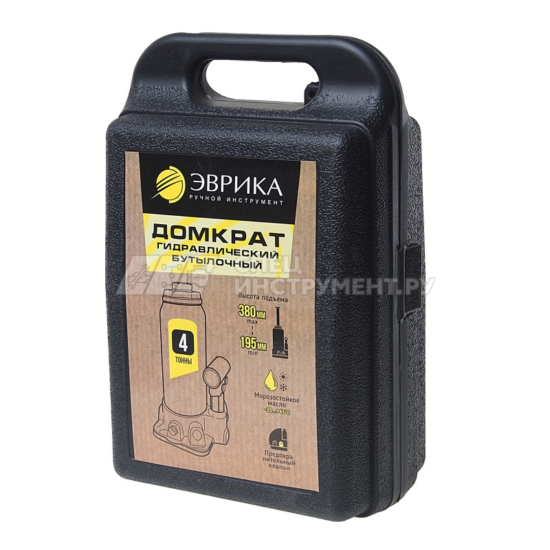 Домкрат гидравлический ER-80041S бутылочный с клапаном 4т, ремкомплект (выс. подъема 195-380мм) в кейсе ЭВРИКА