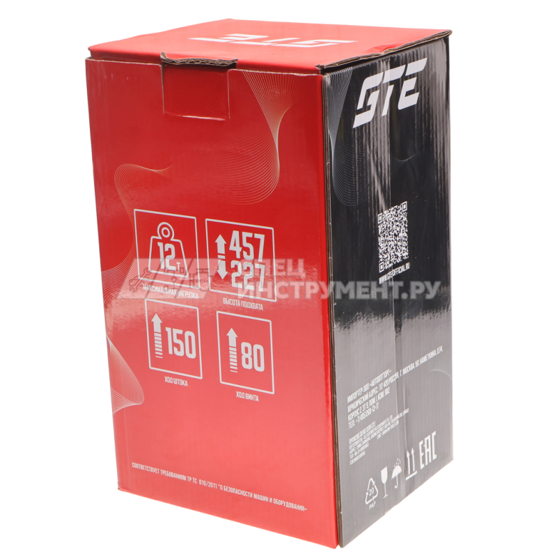 Домкрат гидравлический бутылочный 12т (h min-227мм, h max-457мм, ход штока-150мм, ход винта-80мм) GTE /1/3