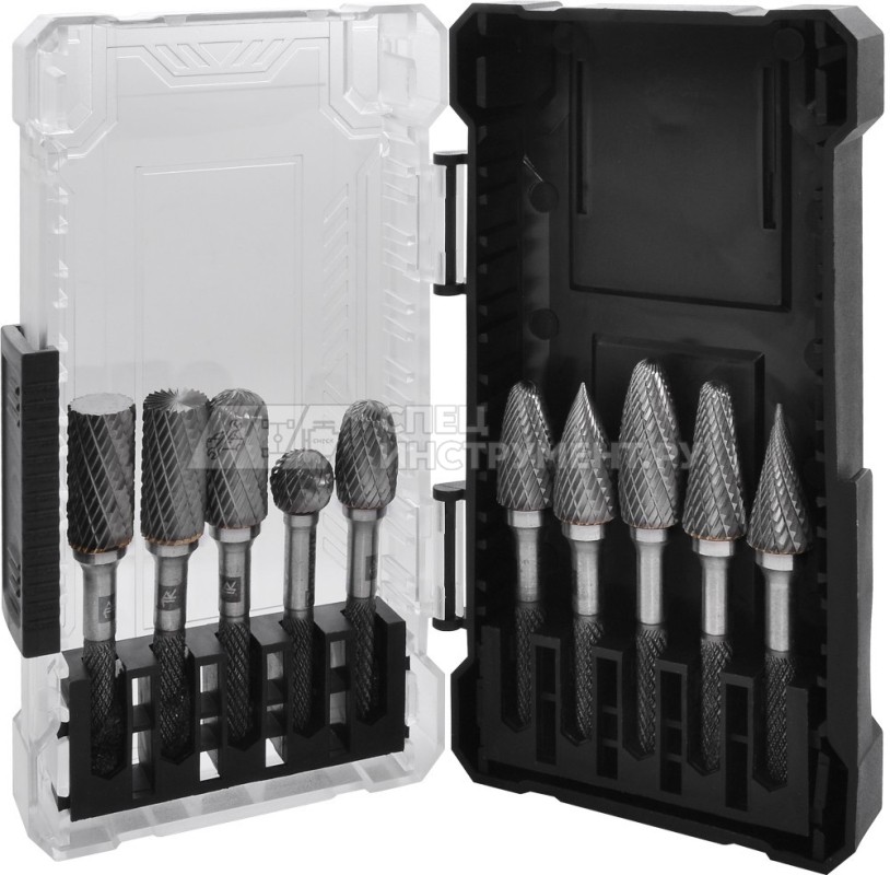 TRRB120610-2S  Набор борфрез твердосплавных, тип A, B, C, D, E, F, G, H, L, M, 12 мм, двойная насечка, в кейсе, 10 предметов