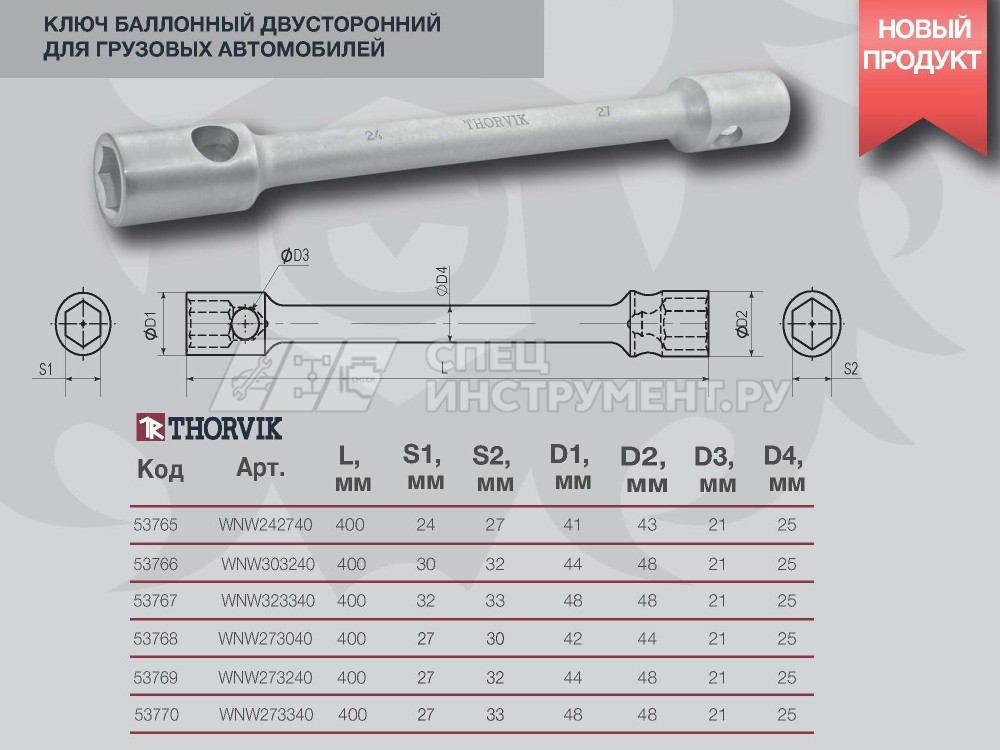 WNW242740 Ключ баллонный двусторонний для грузовых а/м, 24х27 мм, 400 мм
