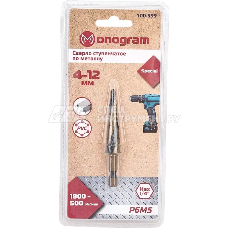 Сверло ступ. по мет. витое 4-12мм, 9 ступ.,шаг 1мм, Р6М5, Hex 1/4", MONOGRAM Special 100-999