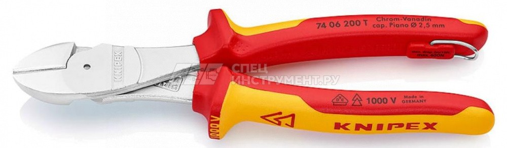 Бокорезы особой мощности VDE 1000V, рез: проволока средней твёрдости  4.2 мм, твёрдая проволока  3 мм, рояльная струна (HRC 59)  2.5 мм, L-200 мм, диэлектрические, хромированные, 2-компонентные рукоятки, крепление для страховки, блистер