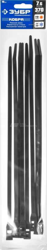 Кабельные стяжки черные КОБРА, с плоским замком, 7.6 х 370 мм, 10 шт, нейлоновые, ЗУБР Профессионал