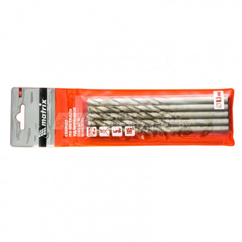 Сверло по металлу, 8,5 х 165 мм, полированное, удл., HSS, 5 шт. цил. хв.