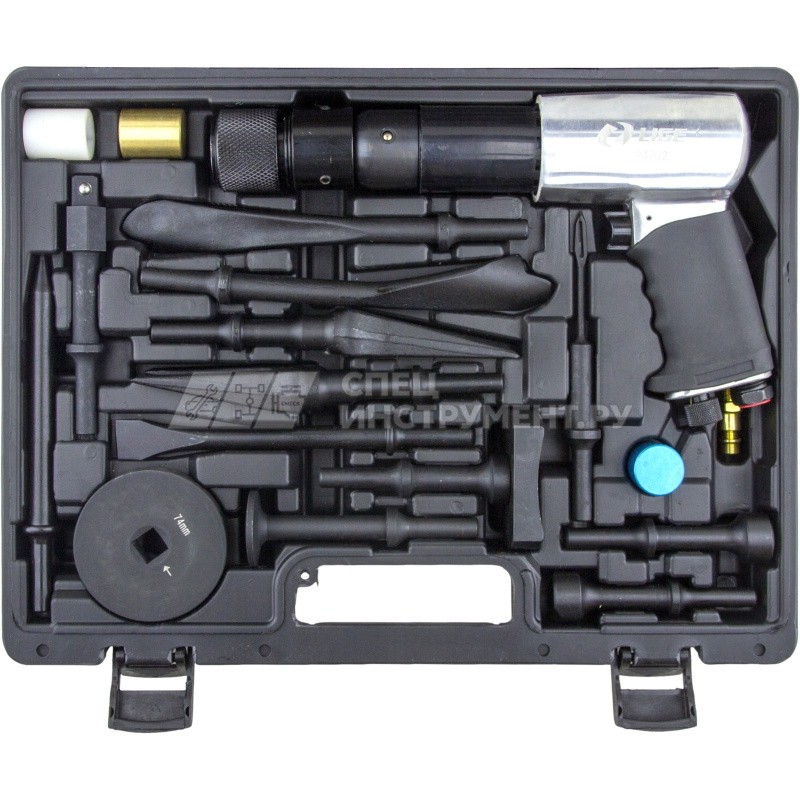 Пневмомолоток с набором зубил и насадок 19пр., (ход 10мм, 2100 ударов/мин, 6bar, NTP 1/4") в кейсе LG-94702 LIGE /1 NEW